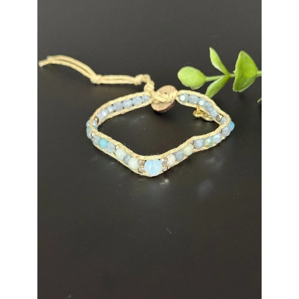 Lotus and Luna Beaded Wrap Bracelet Blue Grey Boho Coconut Button Adjustable